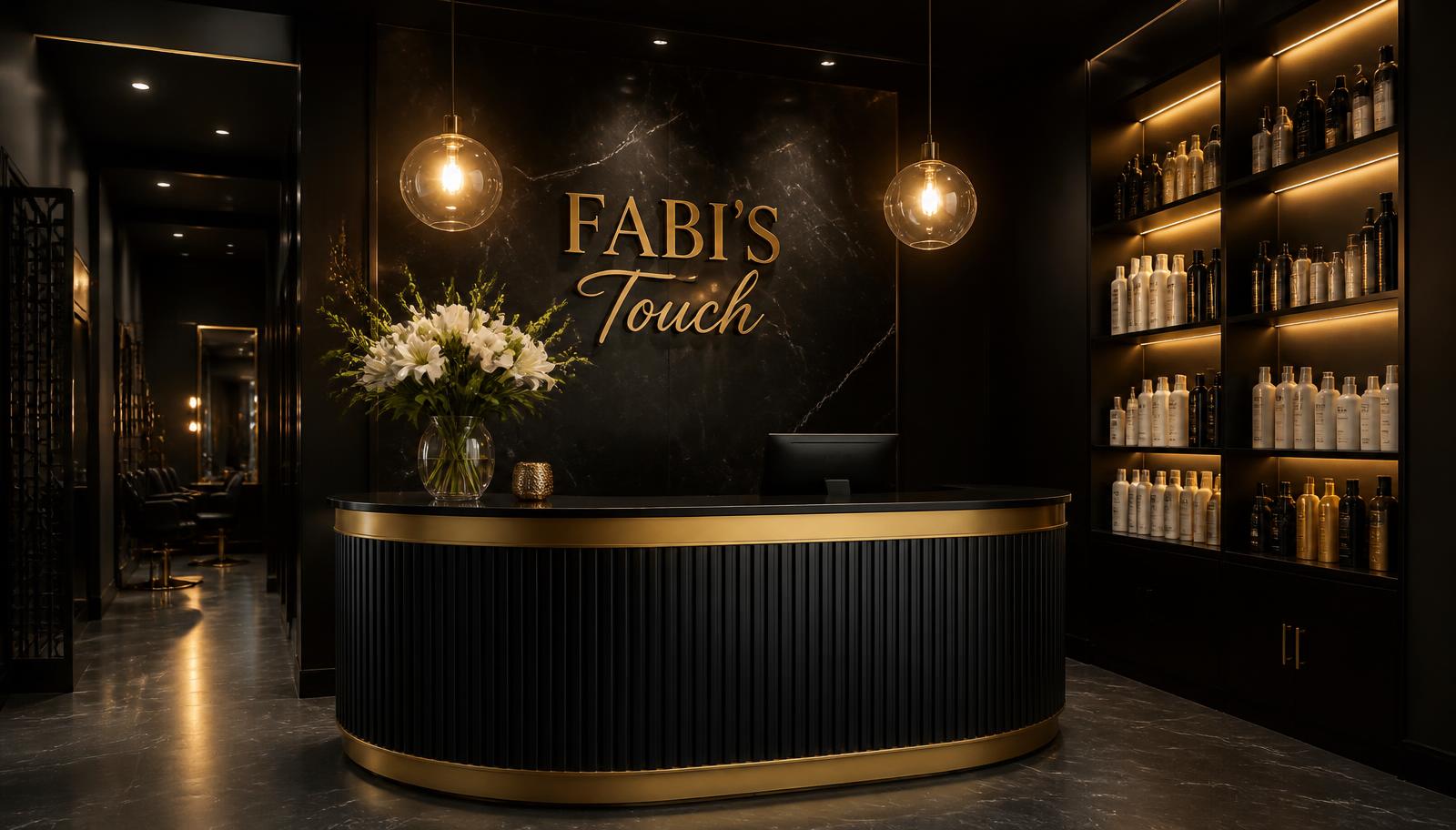The Fabi's Touch reception area in Laurel, MD with a gold salon sign